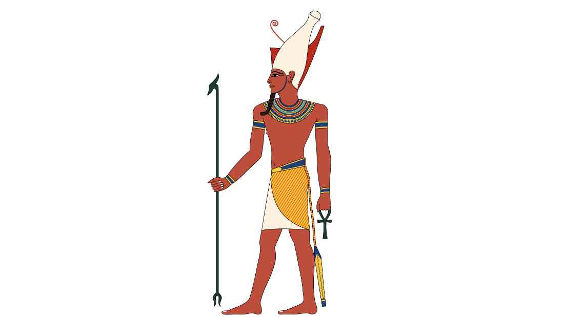 A representation of the Egyptian God Atum as a man wearing the Pschent crown, holding an Ankh and the Was scepter as he was depicted in The Tomb of Nefertari, 1255 BCE. 