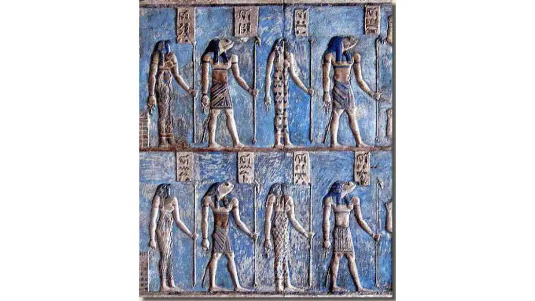 Relief in the Hathor temple at Dendera representing the Ogdoad:
Top right: Nu and Nut; top left: Hehu and Hehut; bottom right: Kek and Keket; bottom left: "Ni and Nit" (for Qerh and Qerhet).