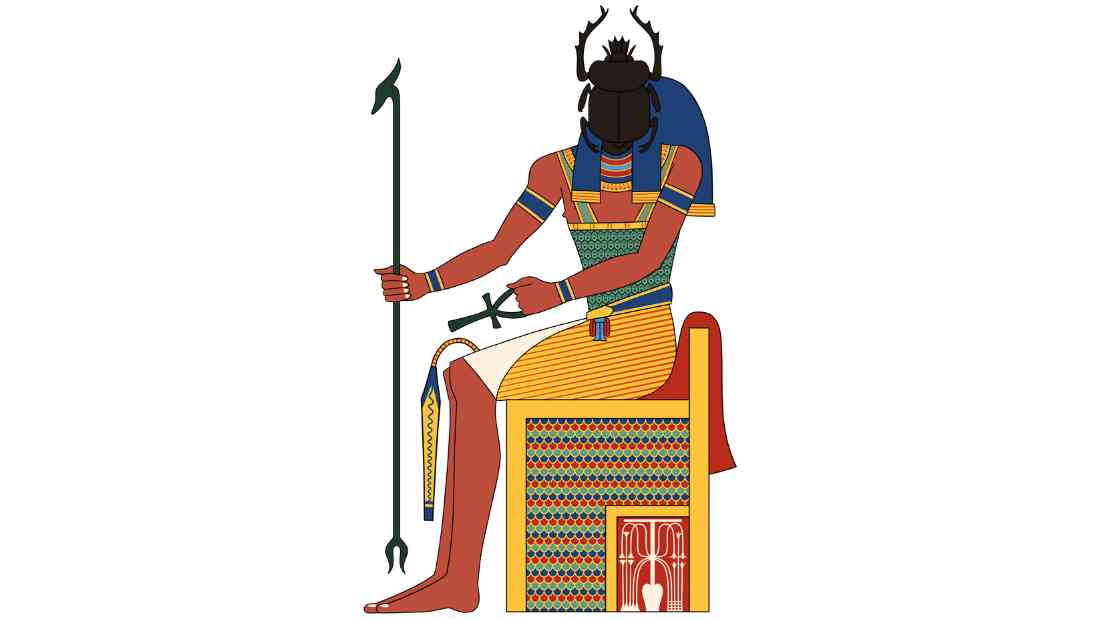 A representation of the Egyptian God Khepri as a man with a scarab beetle for a head, sitting down and holding an Ankh and the Was scepter, as he was depicted in The Tomb of Nefertari, 1255 BCE. Eternal Space, CC BY-SA 4.0, via Wikimedia Commons