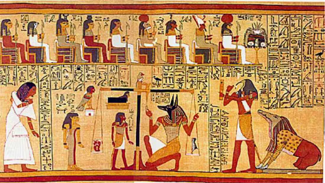 Scene from the Book of the Dead showing the Egyptian god Ammit waiting to devour the hearts of the unworthy.