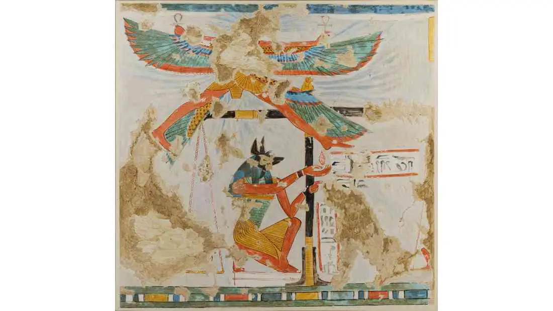 The Egyptian god Anubis weighing the heart, Tomb of Nakhtamun MET 33.8.21. Nina M. Davies, CC0, via Wikimedia Commons