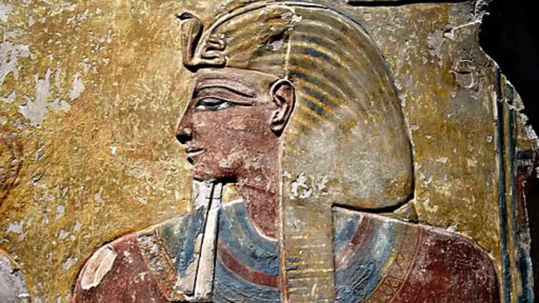 Pharaoh Seti I, detail of a wall painting of a pillar at the Tomb of Seti I (KV17; Hall J, Pillar B, side a), Valley of the Kings. Osama Shukir Muhammed Amin FRCP(Glasg), CC BY-SA 4.0, via Wikimedia Commons