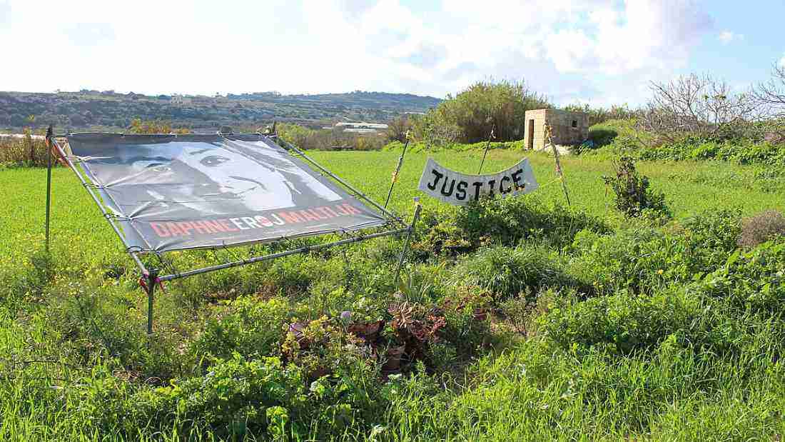 A memorial at the site of where Daphne Caruana Galizia was assassinated using a car bomb. William John Gauthier from Denmark, CC BY-SA 2.0 , via Wikimedia Commons